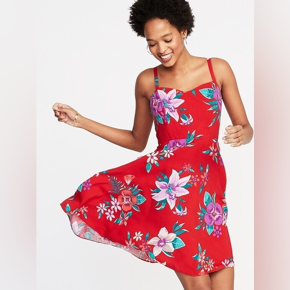 Old Navy Dresses & Skirts - Old Navy Red Floral Fit & Flare Cami Dress, Adjustable Straps, Women's XXL